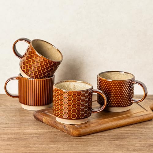 GBhome 12 OZ Stackable Coffee Mugs Set of 4, Ceramic Coffee Cups Set by GBhome