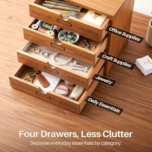 Flexzion Wooden Storage Box with 4 Drawers, Vintage Desktop Organizer - Image 4