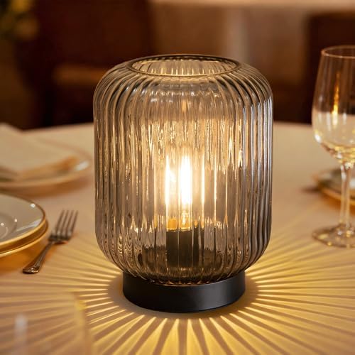 LUSHARBOR Battery Operated Lamp, Cordless Table Lamps for Home Decor, Battery Powered Nightlight with LED Bulb, Decorative Glass Beside Lamp for Bedroom Living Room-Grey by LUSHARBOR