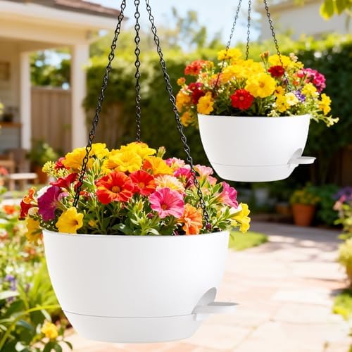 10 Inch Hanging Baskets 2 PC with Chains, Self-Watering Hanging Planters for Indoor Outdoor Plants, Plastic Hanging Flower Pots,White - Image 7