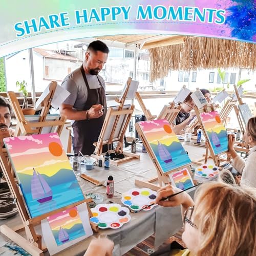 Cholemy 8 Set Paint and Sip Kit for Adults 8'' x 10'' Pre Drawn Canvas with Wooden Easels Acrylic Paint Brushes Wash Cup Palette Apron for Painting DIY Date Night Party Supplies(Landscape) - Image 5