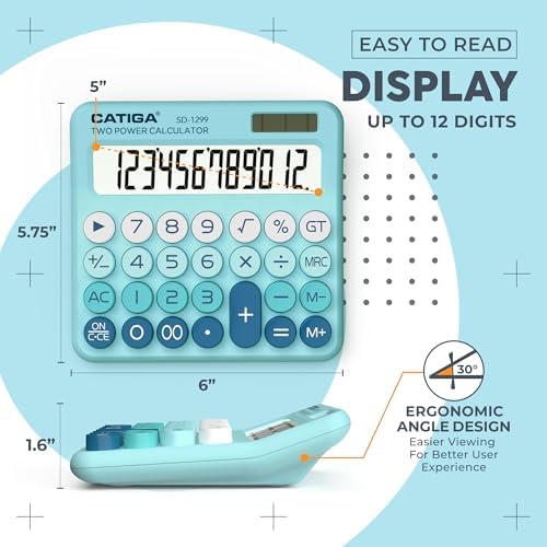CATIGA Mechanical Switch Calculator with Solar and Battery Dual Power, 12-Digit Large LCD Display, Aesthetic and Cute Desktop Calculator with Big Button, for Home, School and Office Use, SD-1299 - Image 3