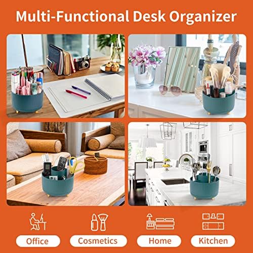 Desk Pencil Pen Holder, 5 Slots 360°Degree Rotating Pen Organizers for Desk, Desktop Storage Stationery Supplies Organizer, Cute Pencil Cup Pot for Office, School, Home, Art Supply, Dark Green - Image 5