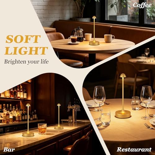 Kakanuo Rechargeable Cordless Table Lamp, Battery Operated Lamps, 3-Color Stepless Dimming, Portable Wireless Desk Lamp, LED Lighting for Dining Room, Restaurant, Office, Bar, Home(Gold 2 Pack) - Image 6