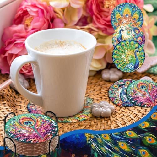 Demonwer 8 Pcs Diamond Art Painting Coasters Kits Cute Peacocks Diamond Art Coasters with Holder DIY Diamond Animal Coaster for Beginner Adults Home Table Craft Gift Supplies - Image 6