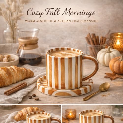 8oz Handmade Ceramic Espresso Mug with Coaster, Speckled Glaze Aesthetic Coffee Cup, Minimalist Striped Cappuccino Flat White Mug, Microwave Safe (orange) - Image 3