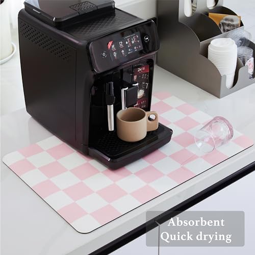 Ohocut Checkered Dish Drying Mat for Kitchen Counter, Coffee Bar Station Accessories, Retro Cute Aesthetic Girly Women Modern Absorbent Drainer Mat Kitchen Drying Mat Easy Clean, Pink 12" x 19" - Image 4