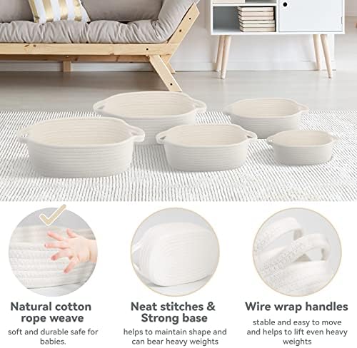 VOOWO Set of 5 Rectangular Cotton Rope Baskets for Storage, Organizing, Decorating, Off White - Image 3