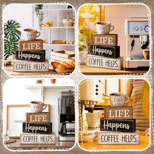 Moucuny 4 Pcs Wooden Coffee Bar Signs Farmhouse Table Decor Blocks - Image 5