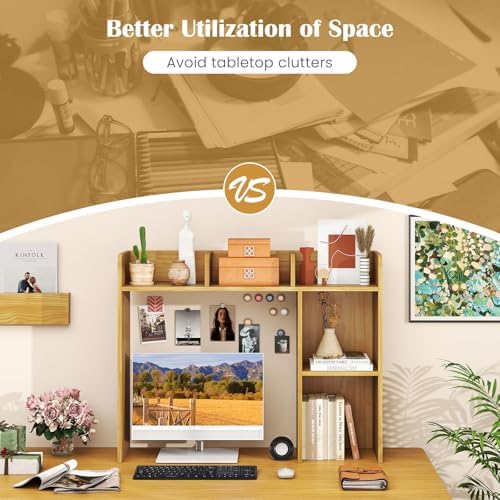 GIANTEX Desktop Bookshelf, Wood Desk Hutch Organizer for 27 Inch Computer Monitor, Countertop Storage Display Rack with 5 Shelves, Multipurpose Desktop Shelf Bookcase for Dorm Office Home (Burlywood) - Image 5