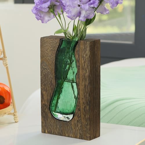 Wood and Glass Inlay Vases Farmhouse Wooden Glass Flower Vase Solid Wood Glass Vase Home Decor Vases for Centerpiece (9.45 Inches) - Image 3