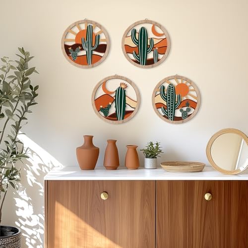 HPNIUB Boho Cactus Wall Decor, Rustic Desert Tropical Botanical Hanging Wood Sign for Living Room, Round Southwest Plant Wooden Plaque, Sun and Moon Wall Art for Apartment Office(10''x10'') - Image 6