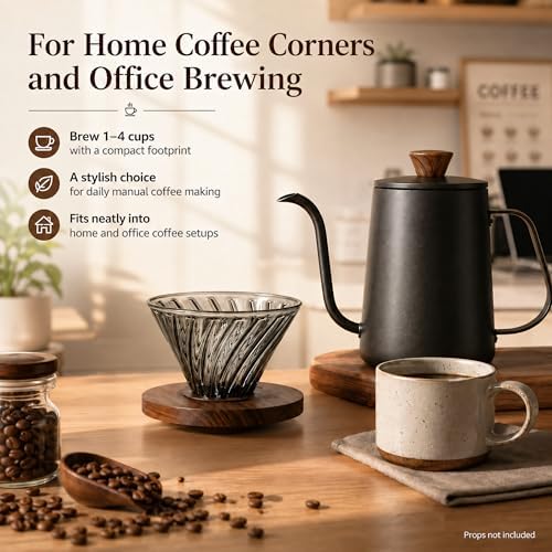 Glass Pour Over Coffee Dripper with Solid Walnut Base, V60 Style Manual Drip Coffee Maker, 1–4 Cup (20oz) Borosilicate Glass Brewer for Home and Office - Image 5