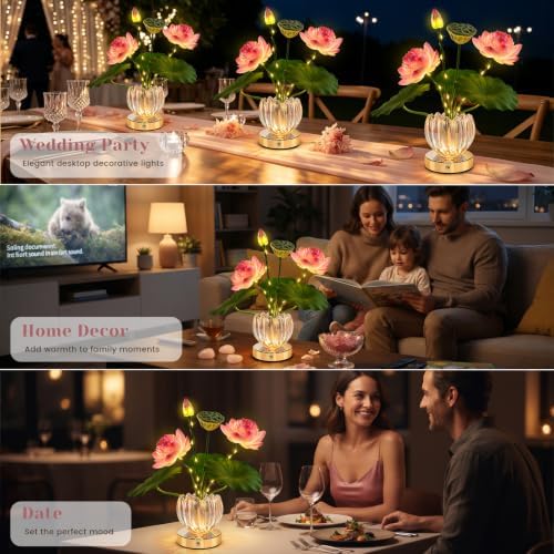 Flower Table Lamp, 3 Color Lotus Night Light, Rechargeable Cordless Touch Dimming Artificial Flower Light, LED Flower with Glass Vase Lamp for Girls Women Mom (Pink Lotus) - Image 6