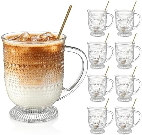 KEMORELA 16oz Hobnail Glass Coffee Mugs Set,Large Glass Mugs with Handle by KEMORELA