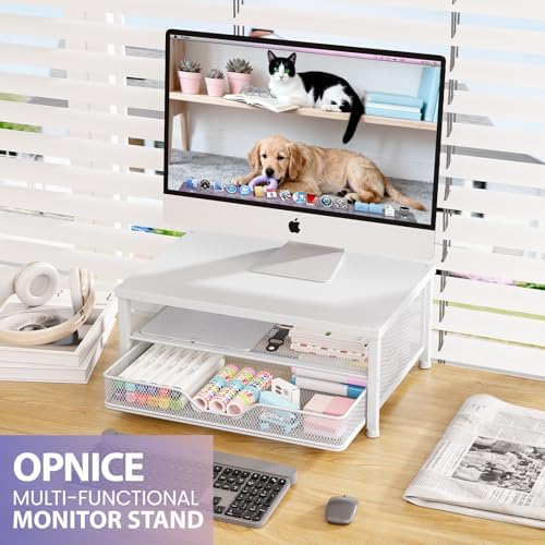 OPNICE Computer Monitor Stand Riser, Desk Organizer with Drawer, Printer & Laptop Stand, Office Desk Accessories & Workspace Desktop Organizers Storage for Office Supplies(White) - Image 3