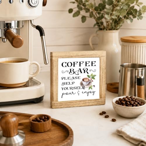 Coffee Bar Help Yourself Wood Sign, Pour And Enjoy Coffee Station Decor, Vintage Cafe Kitchen Plaque, Rustic Counter Shelf Accent For Pantry Breakfast Nook Home Office, 5.9 x 5.9 in - Image 4