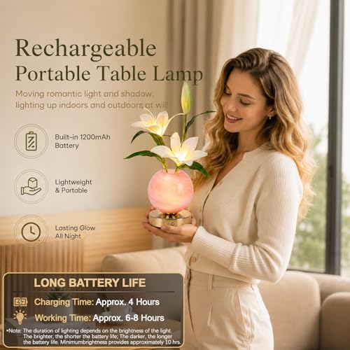 Lily Table Lamp, 3 Color Planet Night Light, Rechargeable Cordless Touch Dimming Artificial Flower Light, LED Flower Bedside Lamp Romantic Gifts for Girl Women Mom (White Lily - Pink Vase) - Image 5