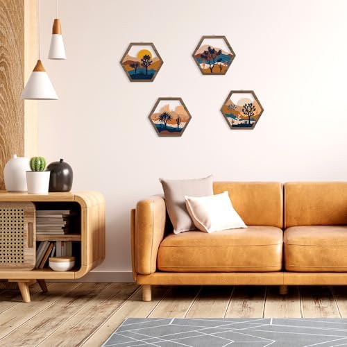 HPNIUB 4 Pcs Boho Mountains Scenery Wall Art Decor, Farmhouse Abstract Sunrise Trees Desert Cactus Hanging Wood Sign for Living Room, Aesthetic Bohemian Botanical Wooden Plaque for Apartment Bedroom(11''x9.8'') - Image 3