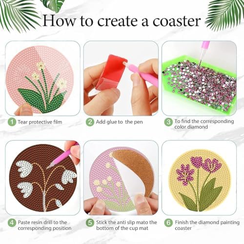 DOTSOPS 6 Pack Flower Diamond Art Coasters with Holder for Adults 4 in - Image 3