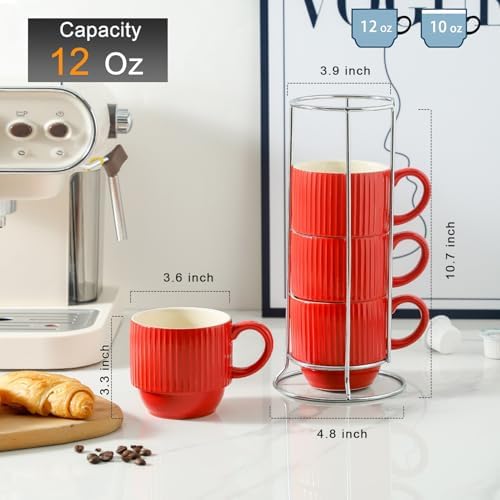 Hasense 12 Oz Coffee Mugs Set of 4 with Rack, Red Stackable Coffee Cups Ceramic, Modern Ribbed Latte Cup Sets for Cappuccino, Tea, Espresso, Hot Cocoa, Drinks - Dishwasher & Microwave Safe - Image 3
