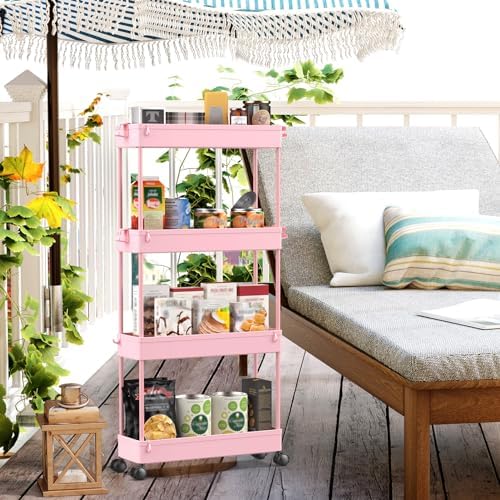 SPACEKEEPER Slim Rolling Storage Cart, 4 Tier Bathroom Cart Organizer, Pink - Image 7