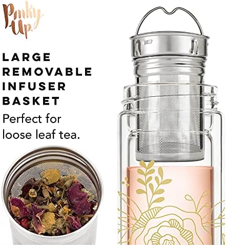 Pinky Up Blair Travel Infuser Mug, Double-Walled Glass, Stainless Steel Strainer, 16 Oz, Bouquet - Image 3