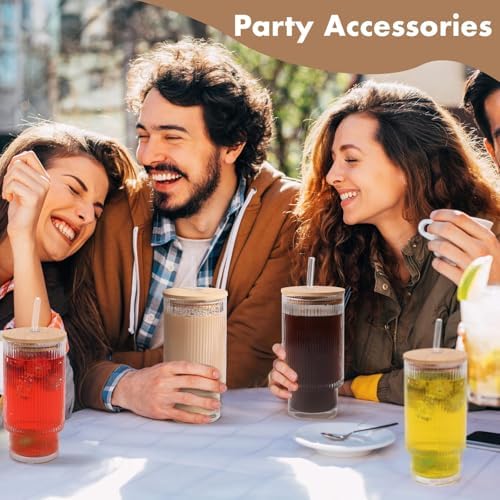 Glass Cups with Lids and Straws - 16 oz Iced Coffee Cups, Vintage Ribbed Drinking Glasses with Bamboo Lids, Glass To-Go Cup, Party, Tumbler for Juice, Beer, Coffee, Milk, Cocktail, Water (4 Pack) - Image 6