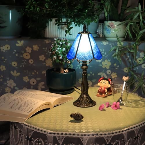 Tiffany Style Table Lamp Blue Rippled Stained Glass Lamp 14 Inch - Image 6