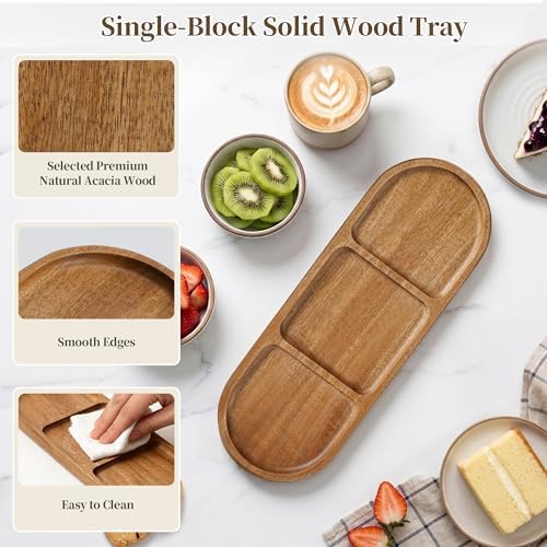 Small Wooden Tray | Acacia Wood Tray for Vanity, Bathroom Counter, Coffee Table & Toilet | Perfect for Jewelry, Key & Catch All | Mini Charcuterie Board Serving Platter (Oval 3-Compartment) - Image 3