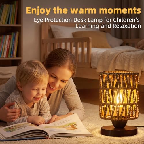 Rattan Small Bedside Table Lamp for Bedroom,Handmade Boho Desk Lamp for Small Spaces,Vintage Wicker Wooden Nightstand Farmhouse Bamboo Woven End Table Lamps for Living Room Kids Room,Bulb Included - Image 2
