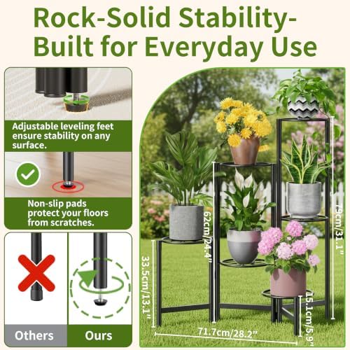 6 Tier Metal Plant Stands Outdoor Indoor, Heavy Duty Flower Pot Holder Potted Display Rack Shelf, Tall Corner Plant Shelf for Patio Garden Balcony Living Room Bedroom -BlackDiamond - Image 3
