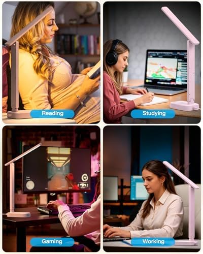 LED Desk Lamp, Power Strip with 4 USB 3 Outlets, Dorm Room Essentials, Pink - Image 7