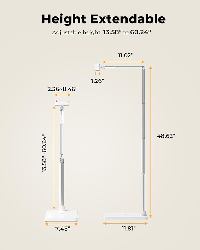 Tablet Floor Stand, Adjustable iPad Holder for Bed & Sofa - 360° Rotating Long Arm, Height Adjustable from 13.5" to 60.3", Sturdy Metal Base for iPad, Tablet, Phone (4-13 Inch), White