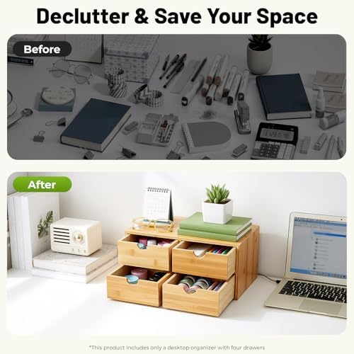 Bamboo Desk Organizer with 4 Drawer,Mini Desktop Drawer,Makeup Storage Drawer,Tabletop Storage Organization for Home Office - Image 7