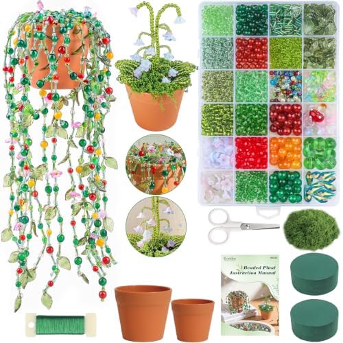 Ecoofor Green Beads Beaded Plant Kit DIY Plant Kit, Green Glass & Crystal Leaf Beads, Video Tutorials, Desk Gifts, Handmade Gifts for Plant Lovers by Ecoofor