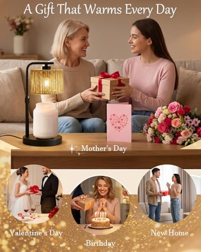 Candle Warmer Lamp, Timer Dimmable Candle Lamp, Adjustable Height and Brightness Black Candle Warmer, Boho Rattan Lampshade and 2 Bulbs, Suitable for Home Decor, Birthday Gifts for Women Mom - Image 5