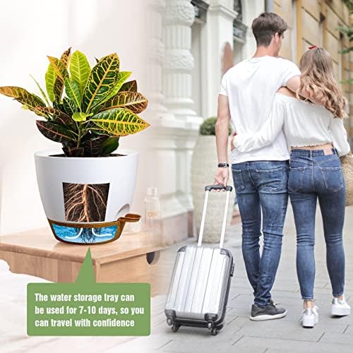 UOUZ Large Self Watering Pots, 12/10/9 Plastic Planters with High Drainage Holes and Deep Reservoir for Indoor Outdoor Garden Plants and Flowers, White with Brown - Image 6