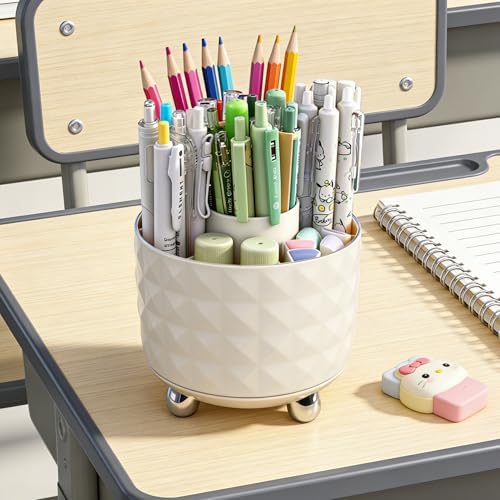 GOTOBA 360° Rotating Pencil Holder for Desk, Makeup Brush Holder with 6 Slots, Desk Organizer for Writing Utensil, Office and School Supplies (Milky White) - Image 5