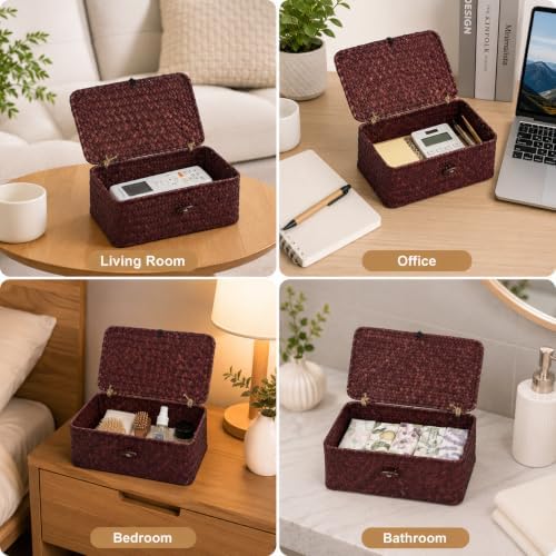 Seagrass Wicker Storage Basket with Lid, Small, Red - Image 7