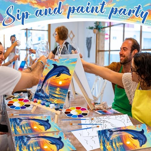 Motipuns 6 Set Pre Drawn Canvas for Painting for Adults Sip and Paint Kit with Easels 8 x 10 Inches Paint Party Kit with Printed Canvas Paints Brushes Palette Apron(Sunset Dolphin) - Image 4