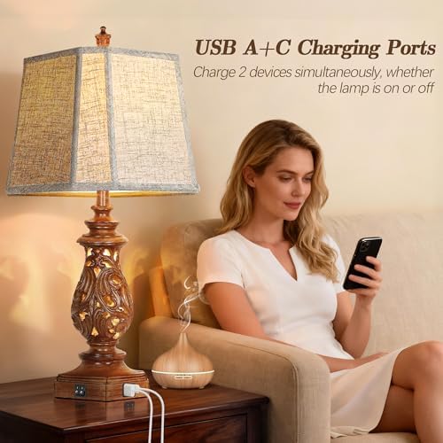 PARTPHONER 29" Table Lamps Set of 2, Bedside Lamps with USB A+C Ports & Night Light, Farmhouse Nightstand Lamps with Linen Fabric Shades for Bedroom Living Room, Wood Grain (LED Bulbs Included) - Image 4