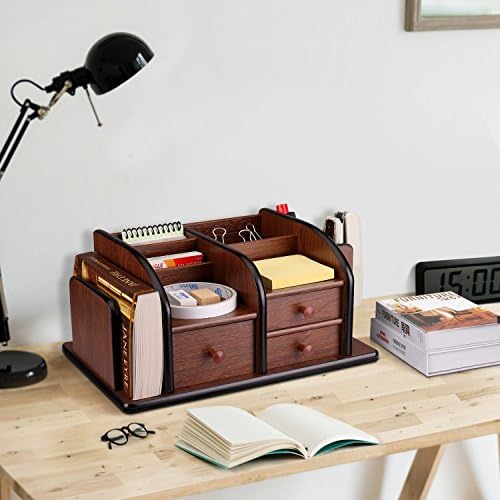 Flexzion Wooden Desk Organizer w/Drawers - Classic Wood Office Supplies Accessories Desktop Tabletop Sorter Shelf Rack Cherry Brown Pencil Holder Caddy Set with 3 Drawers, 3 Compartments & 2 Shelves - Image 5