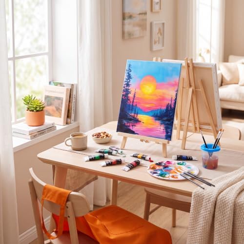 Cholemy 8 Set Paint and Sip Kit for Adults 8'' x 10'' Pre Drawn Canvas with Wooden Easels Acrylic Paint Brushes Wash Cup Palette Apron for Painting DIY Date Night Party Supplies (Sunset Lake) - Image 2
