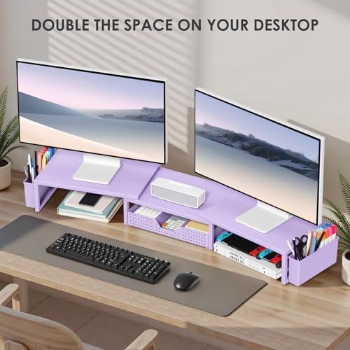 OPNICE Desk Organizers and Accessories, Dual Monitor Stand Riser with Drawer and 2 Pen Holders, Desk Shelf Printer Stand for Office Workspace Organizers, Desktop Organization (Purple) - Image 4