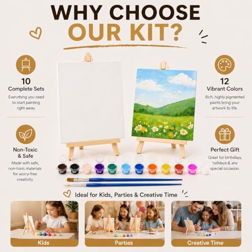 10 Set Mini Acrylic Paint Kit, Mini Canvas with Wooden Easels Acrylic Paints Strips, Minis Easel with Canvases for Kids Adults Classroom Birthday Painting Party (6 x 6Inch) - Image 4