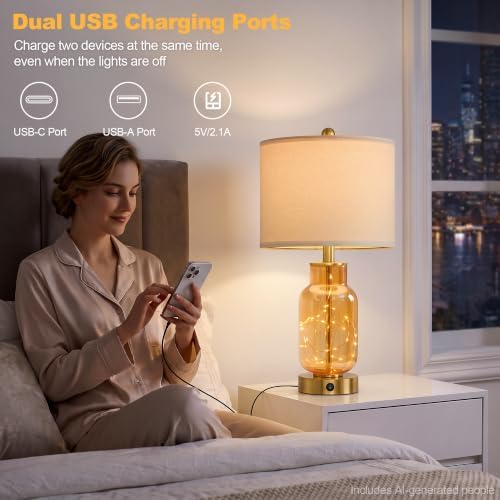 Oneach 22" Glass Table Lamps Set of 2 with Night Light for Bedroom, Amber - Image 4