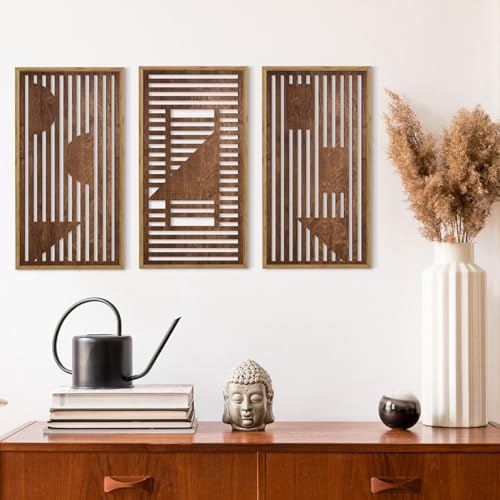 HPNIUB 3PCS Wooden Geometric Wall Decor, Modern Stripes Wood Design Wall Sculpture for Living Room, Vintage Minimalist Mid Century Rectangle Wood Sign Geometry Artwork for Home Bedroom(8x16Inch) - Image 4