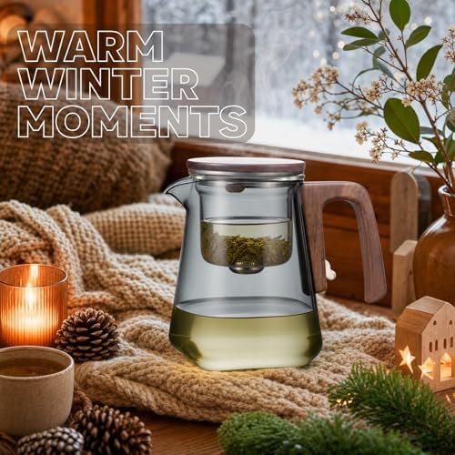 Magnetic Glass Teapot with Infuser, 25oz Borosilicate Tea Pot with Walnut Handle for Loose Leaf Tea, Office Home, Tea Lovers Gift - Image 6