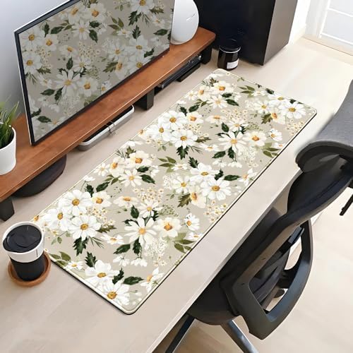 Daisy Floral Daisies Large Mouse Pad Watercolor Flowers Desk Mat, Washable Mousepad LYC Cloth Stitched Edges Women Girls Gaming Mousepad Computer Pc Laptop Desk Mat 31.5 X 11.8 in - Image 4